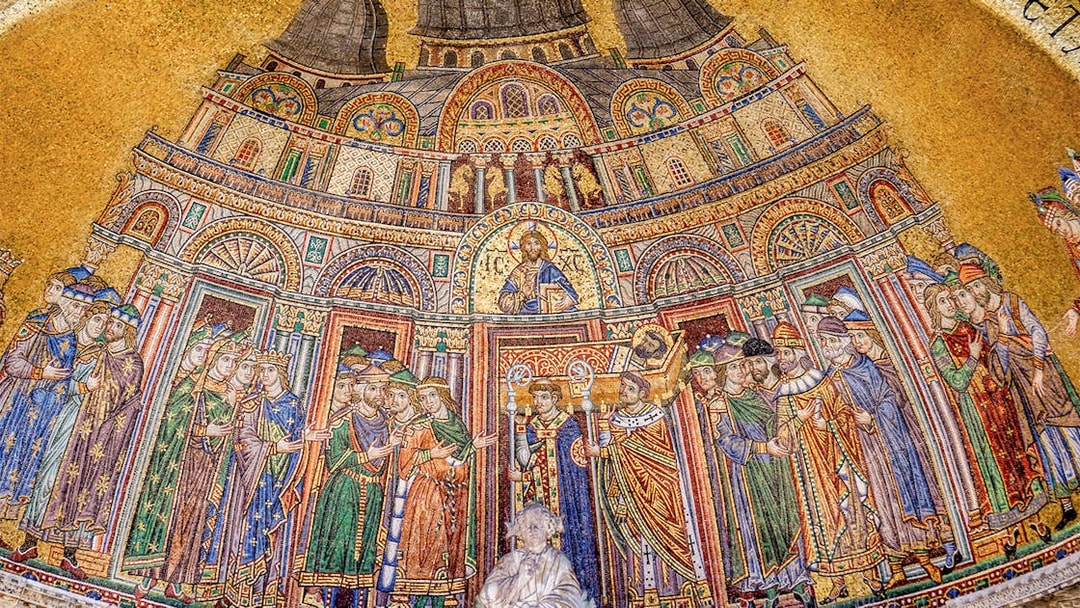 Mosaic depicting religious figures and architecture in St. Mark's Basilica, Venice.
