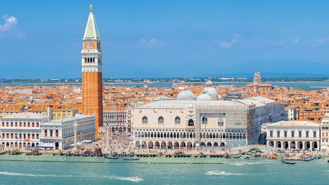 Aerial view of Doge's Palace and St. Mark's Campanile in Venice, Italy.