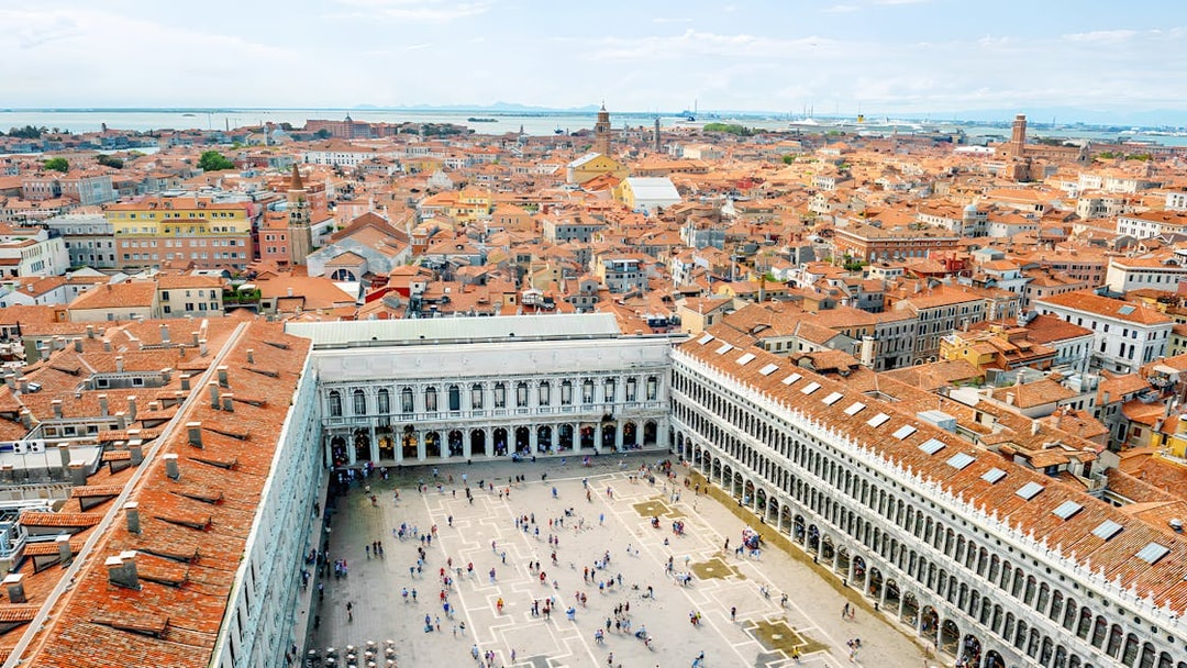 Aerial view of St. Mark's Square and surrounding Venice rooftops from St. Mark's Campanile.
