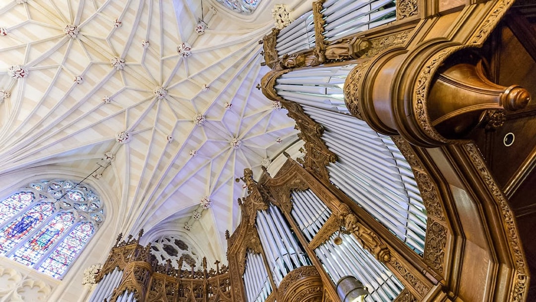 St. Patrick's Cathedral organ pipes and ornate ceiling detail, New York City.