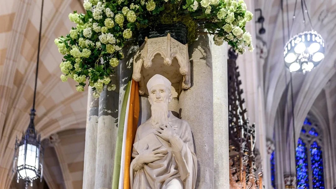 Statue inside St. Patrick's Cathedral with floral decoration, part of the official tour.