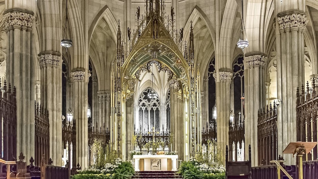 St. Patrick's Cathedral altar with ornate arches and detailed architecture, New York City.