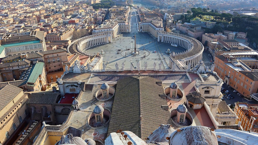 View from St. Peter’s Basilica dome overlooking St. Peter’s Square and Vatican City.