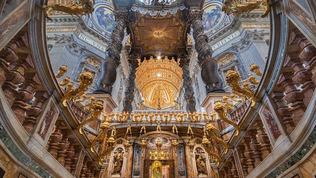 Tomb of St. Peter under St. Peter's Baldachin under the dome of St. Peter's Basilica, Vatican City.