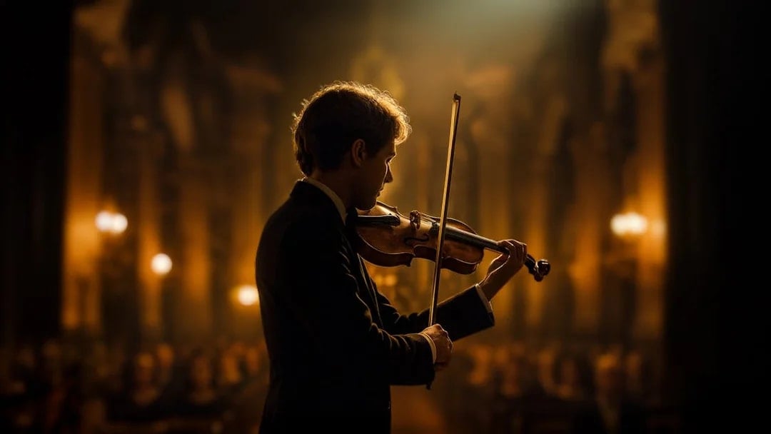 Violinist performing at St. Peter's Church with audience in background.