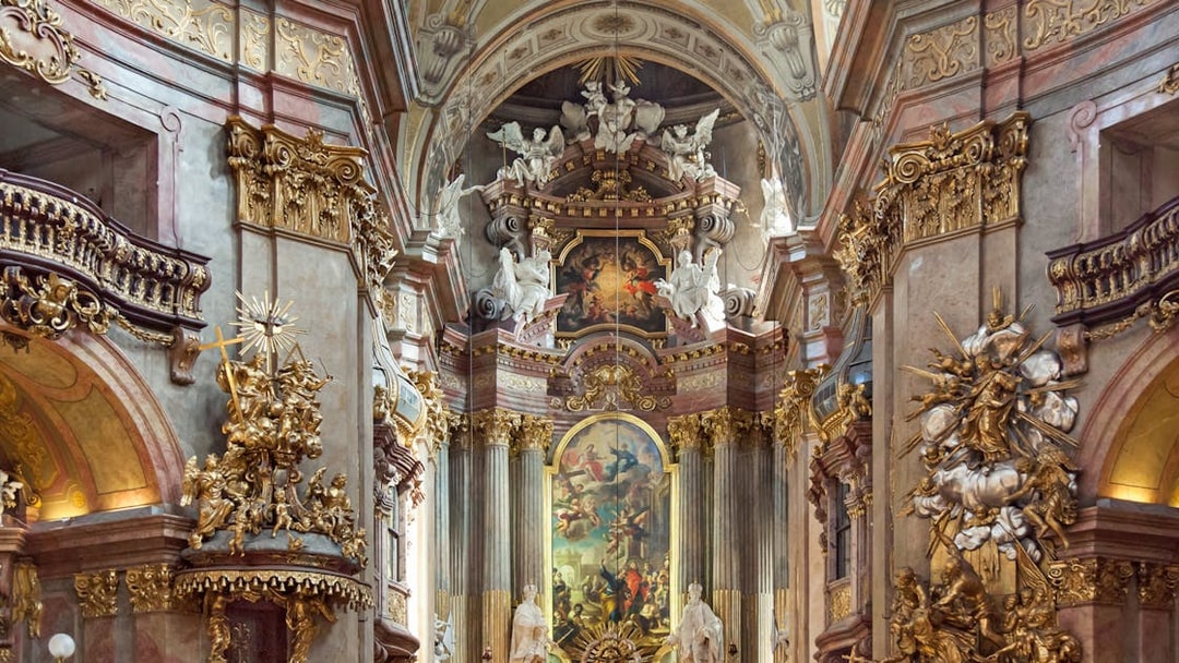 St. Peter's Church ornate interior with baroque decorations, Vienna concert venue.