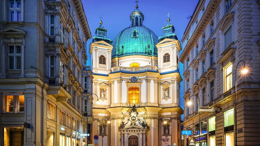 St. Peter's Church in Vienna illuminated at night, venue for Christmas and New Year's concert.