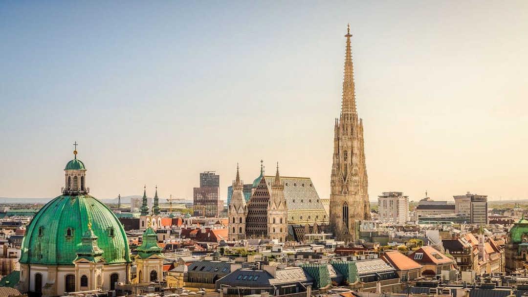 Aerial view of St. Stephen's Cathedral in Vienna with cityscape.
