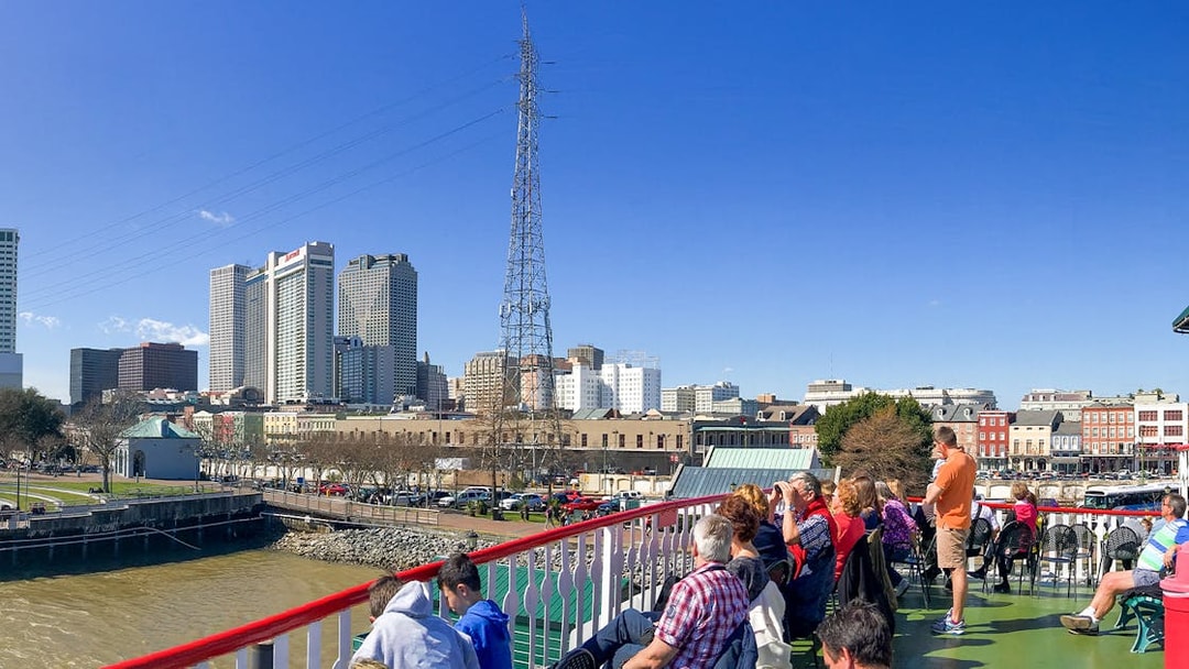 New Orleans skyline viewed from Steamboat Natchez on the Mississippi River.
