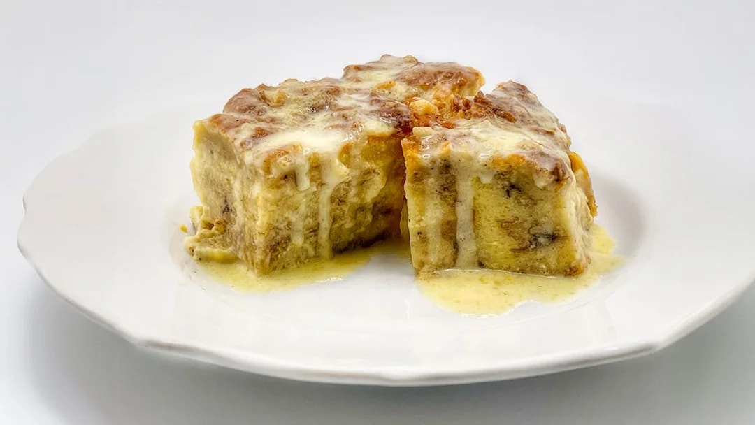 Bread pudding with sauce on Steamboat Natchez plate.