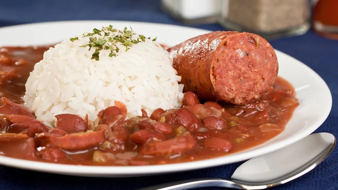 Red beans and rice with sausage served on Steamboat Natchez cruise.
