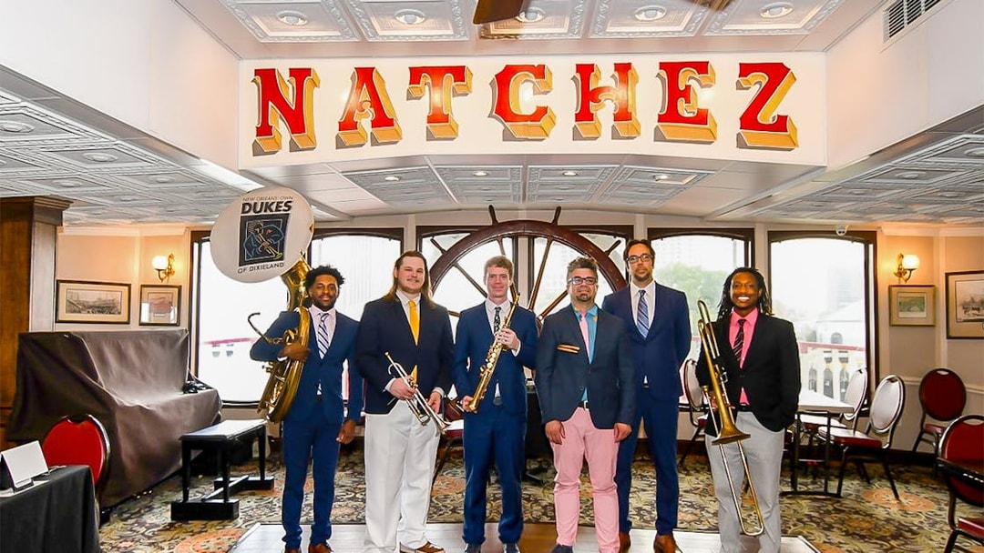 Musicians with instruments on Steamboat Natchez, New Orleans.