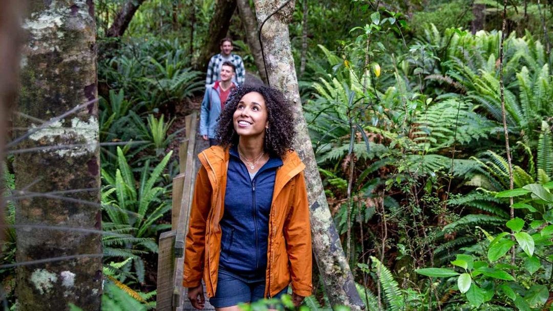 Tourists walking through lush forest on Ulva Island.
