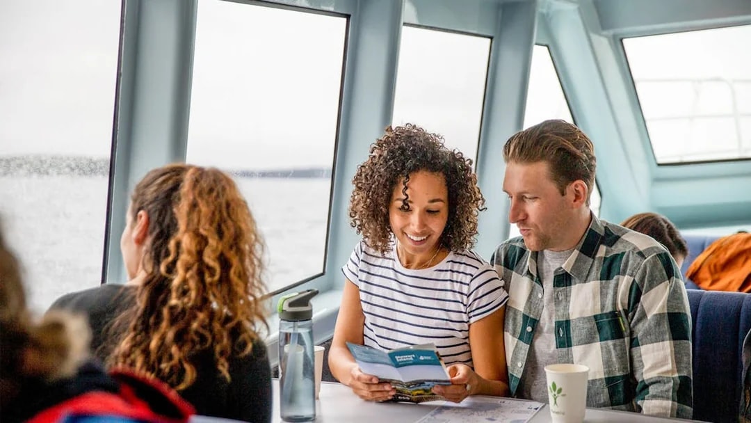 Couple reading brochure on ferry to Ulva Island.