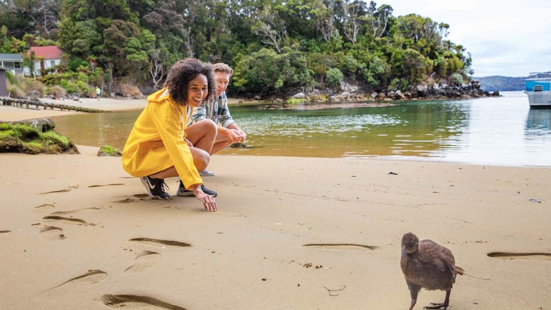 Couple interacting with a bird on a serene beach, surrounded by lush greenery.
