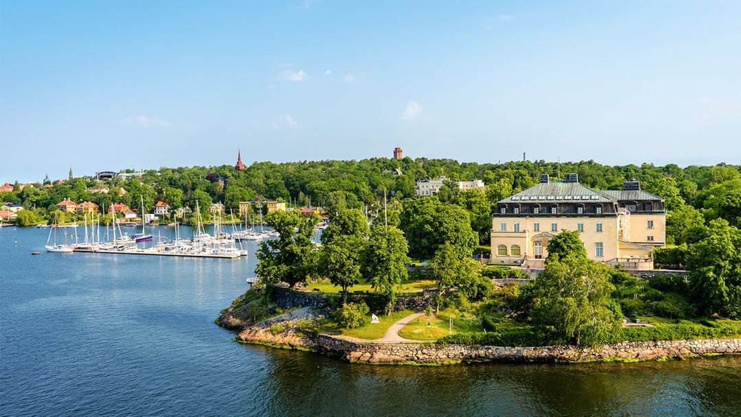 Djurgården island view with boats docked along the canal, seen during the Djurgrden City Canal Cruise.