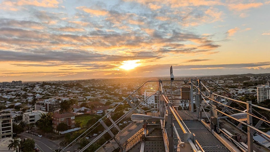 Dawn view from Story Bridge Adventure Climb overlooking Brisbane cityscape.