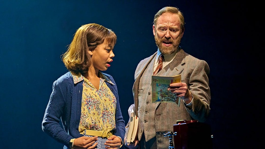 Two actors on stage in a scene from "Stranger Things: The First Shadow.