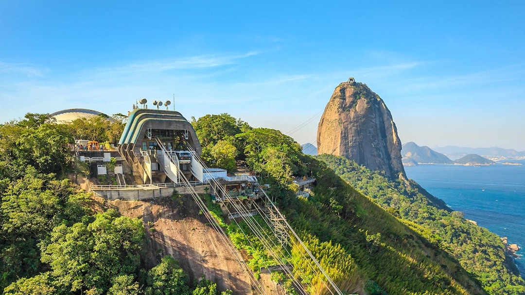 Cable car station at Sugarloaf Mountain, Rio de Janeiro, with ocean view.