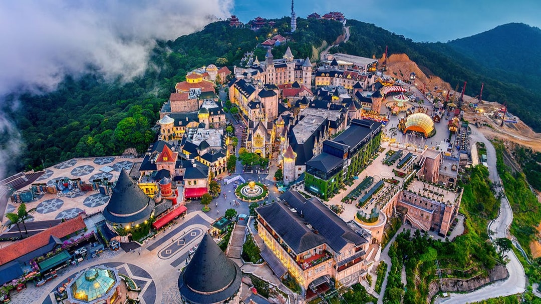 Aerial view of French village architecture at Bana Hills, Da Nang, Vietnam.