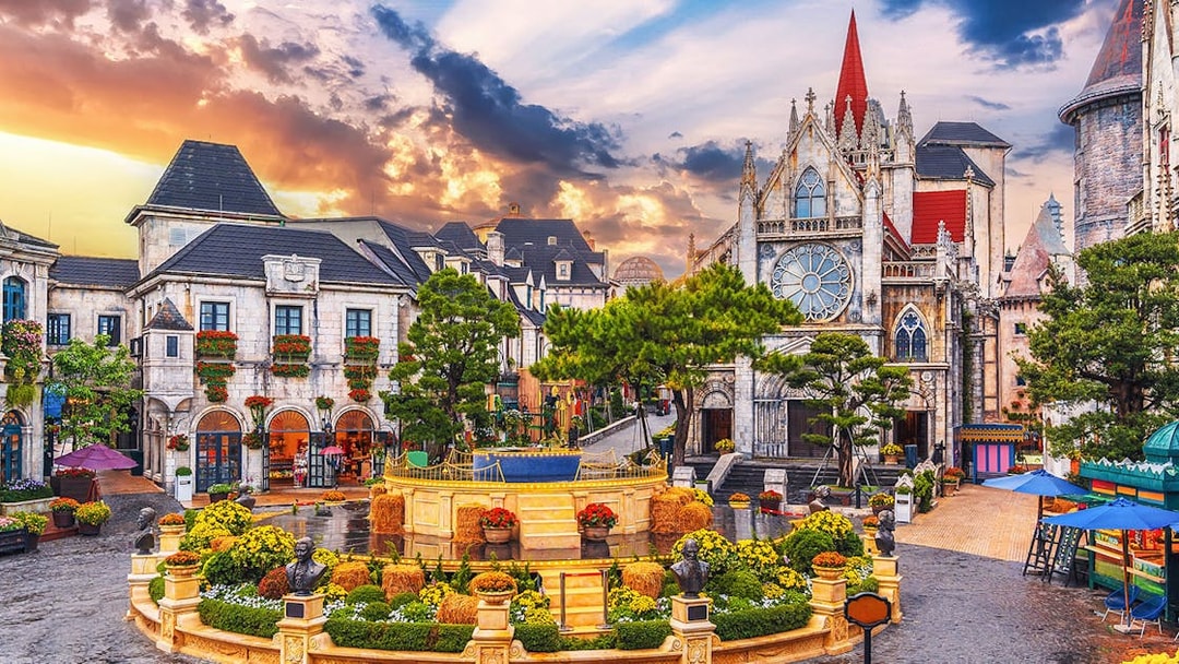 Catholic cathedral on square in Ba Na Hills Park, Da Nang, Vietnam.