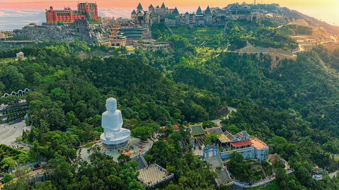 Aerial view of Linh Ung Pagoda with giant Buddha at Sun World Ba Na Hills, Vietnam.
