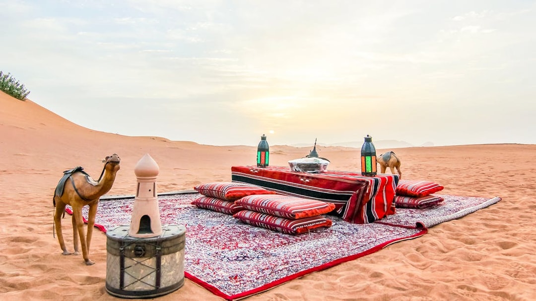 Desert picnic setup with cushions and lanterns at sunrise during a safari.