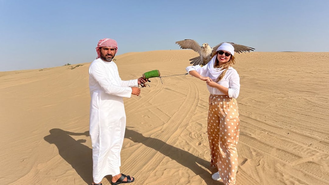 Falconer and tourist with falcon in Dubai desert show.