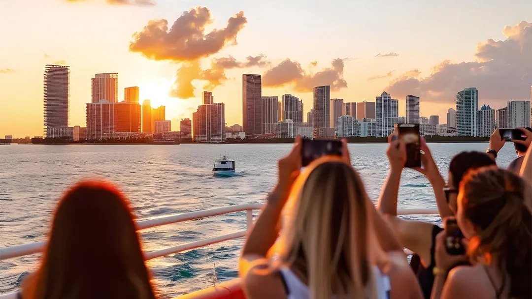 Guests photographing Miami skyline from a cruise at sunset.