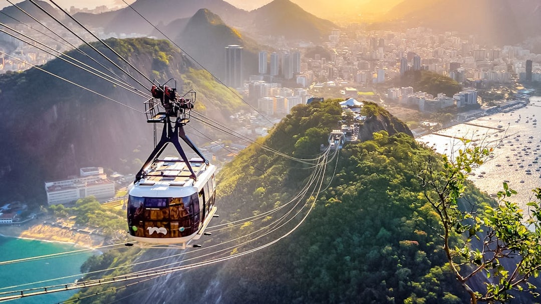 Aerial view of Sugar Loaf Cable Car with Corcovado mountain in Rio de Janeiro, Brazil.