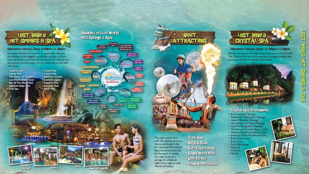 Lost World Hot Springs Night Park attractions and spa treatments, featuring pools, massages, and night activities in Tambun.