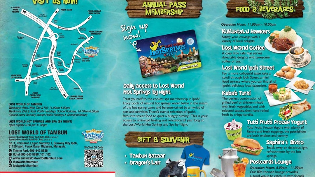 Lost World Hot Springs Night Park map and attractions, including food options and annual pass details.