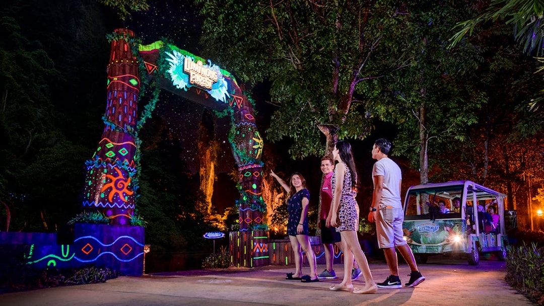 Visitors entering Luminous Forest at Lost World Hot Springs Night Park.