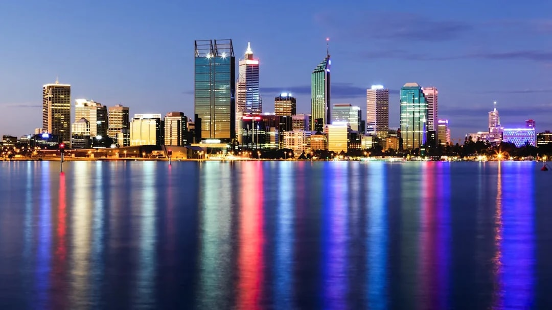 Skyline of Perth at night viewed from Swan River Dinner Cruise.