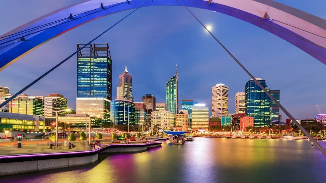 Perth skyline at night from Swan River dinner cruise.