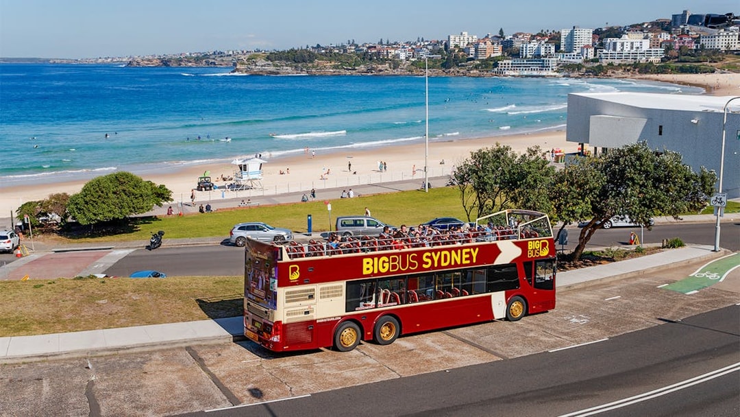 Big Bus Sydney parked near Bondi Beach with ocean and cityscape in the background.