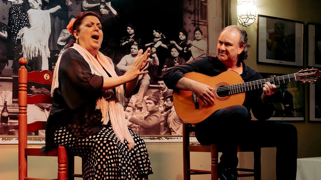 Flamenco singer and guitarist performing at Tablao La Cantaora show.
