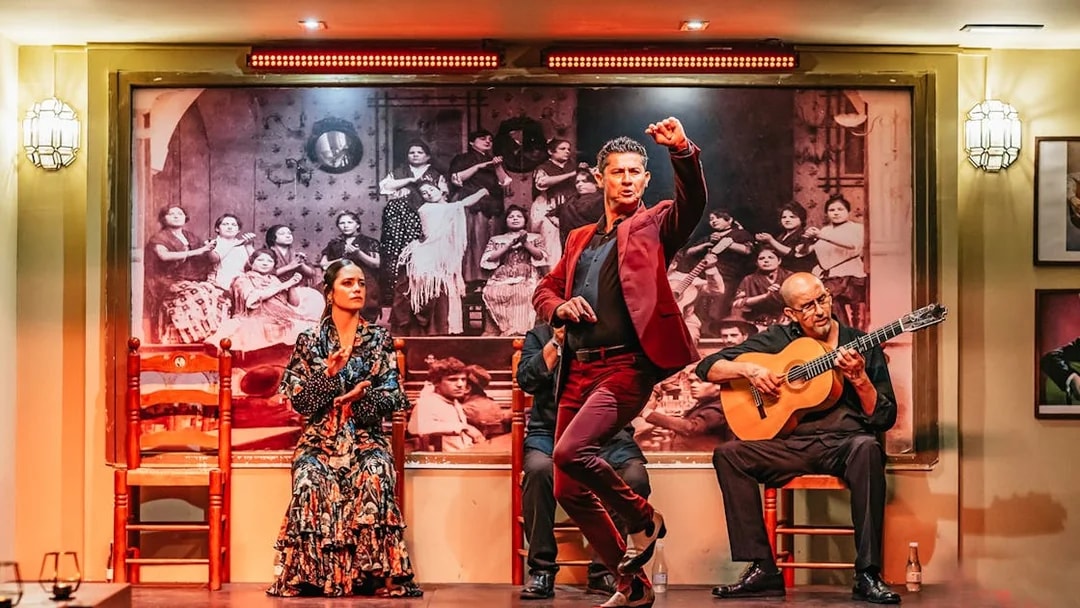 Flamenco dancer performing with guitarist and singer in a vibrant show setting.