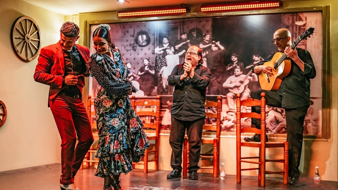 Flamenco dancers performing on stage with guitarist and clapping audience, Spain.
