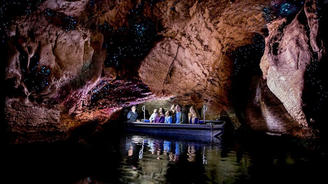 Visitors on a boat tour inside Te Anau Glowworm Caves, New Zealand, viewing illuminated cave walls.