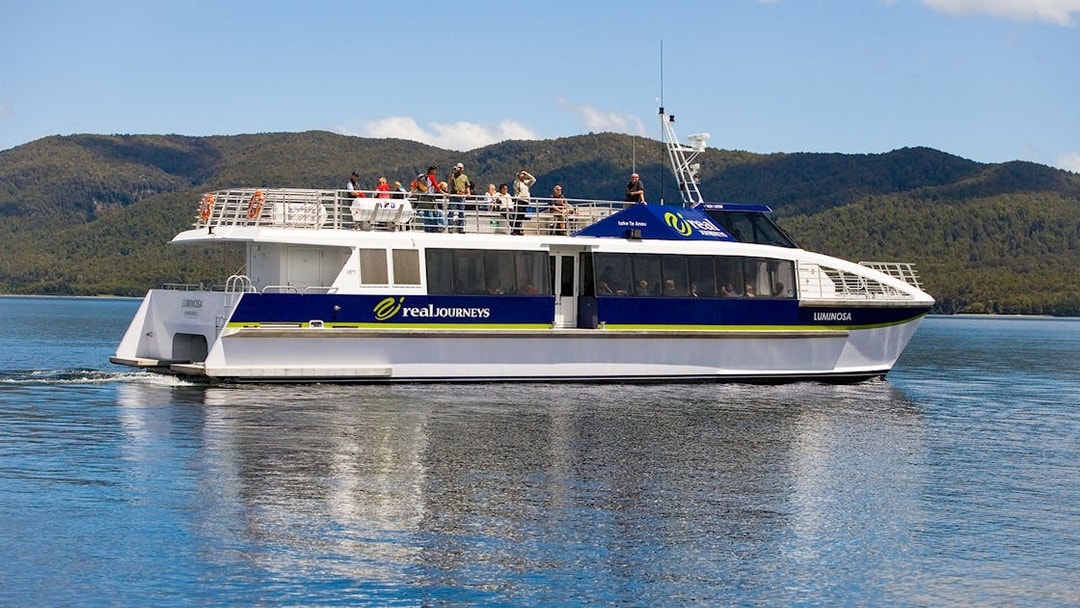 Tour boat on Lake Te Anau for Glowworm Caves guided tour.