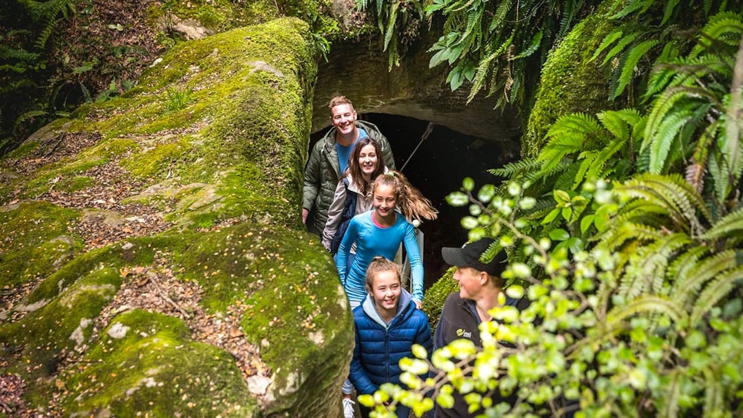 Visitors entering Te Anau Glowworm Caves surrounded by lush greenery.