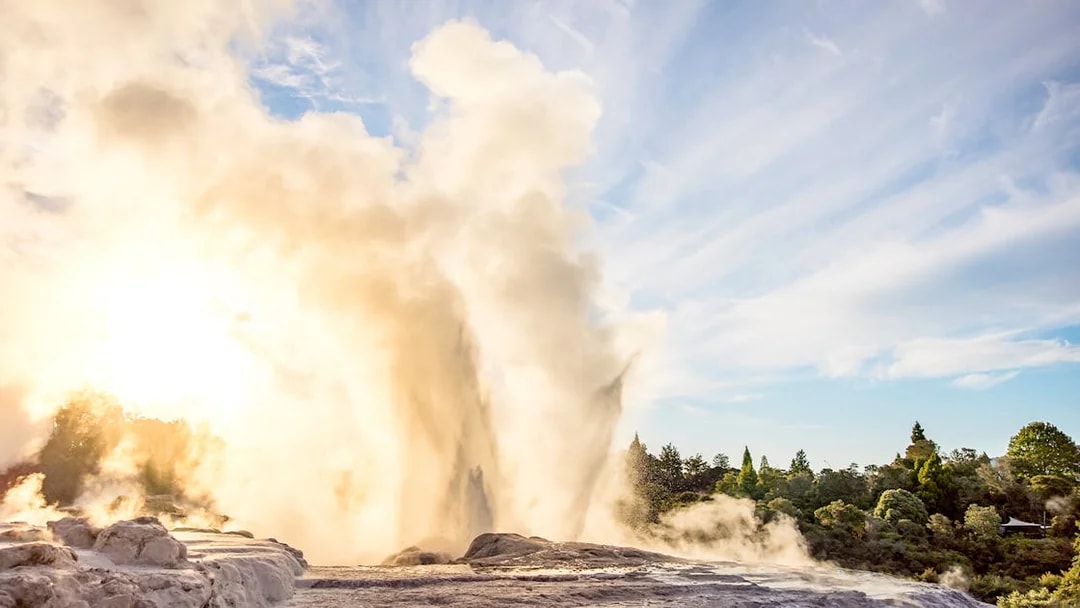 Geyser erupting at Te Puia geothermal park, Rotorua, New Zealand.