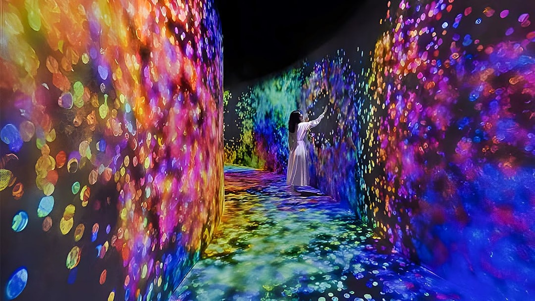 Interactive digital art installation at TeamLab Phenomena Abu Dhabi with colorful light projections.