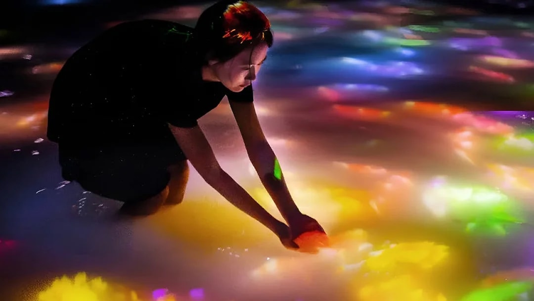 Person interacting with colorful digital koi and flowers at teamLab Tokyo.