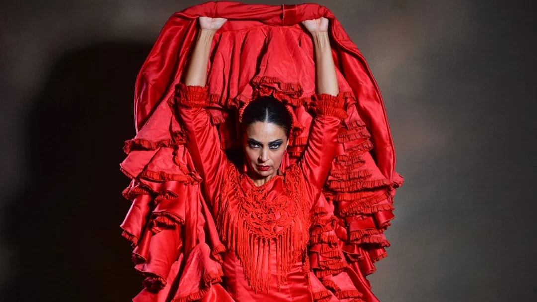 Flamenco dancer in red dress performing at Teatro Flamenco Barcelona.