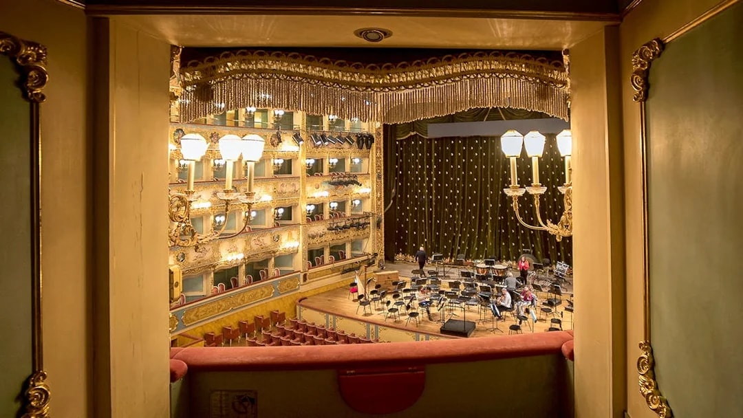 View from a box seat overlooking the stage at Teatro La Fenice, Venice.