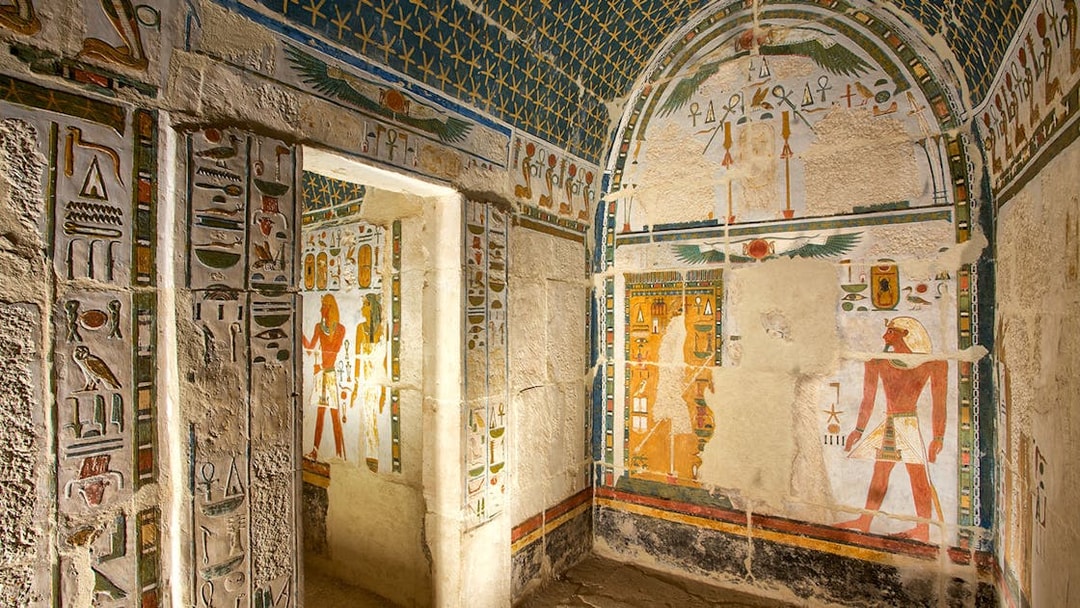 Upper Anubis shrine with hieroglyphs, Temple of Hatshepsut, Egypt.