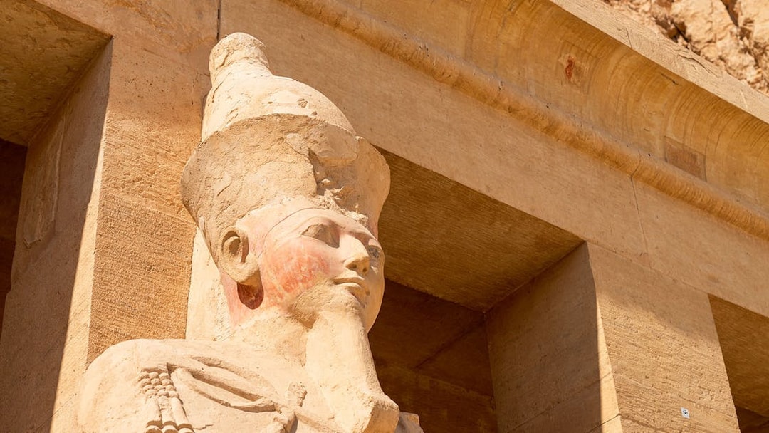 Statue of pharaoh's head at Hatshepsut Temple, Luxor, Egypt.
