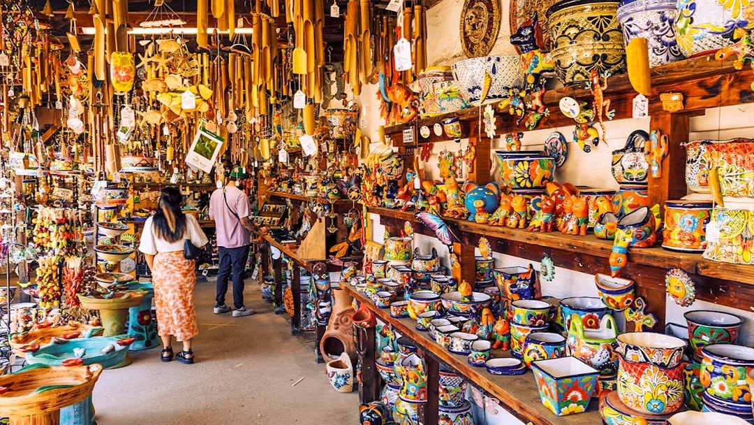 Colorful pottery and crafts in a Mexico City souvenir shop.